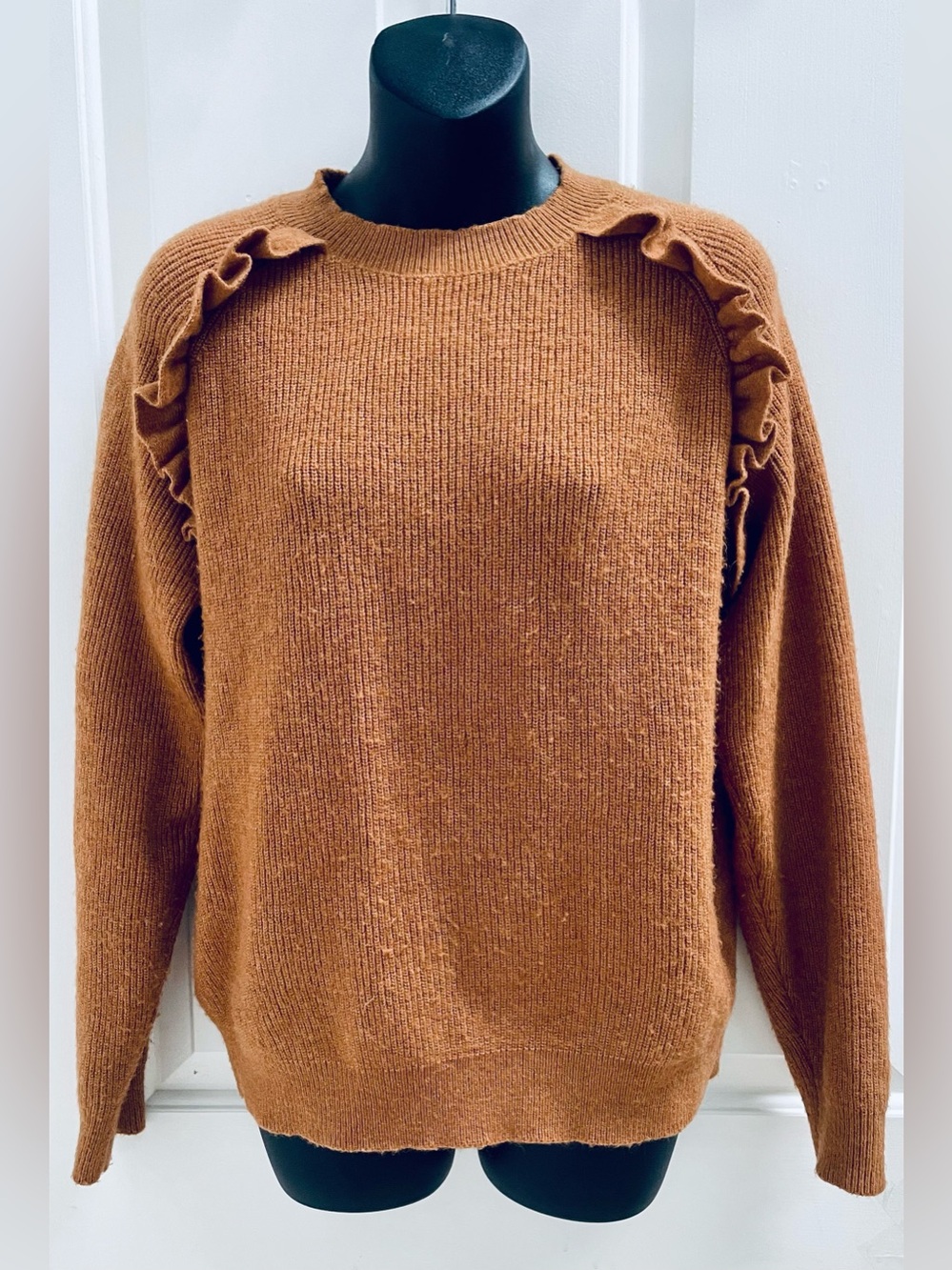 MOTF Ruffle-Trim Crewneck Sweater - Rust Brown
